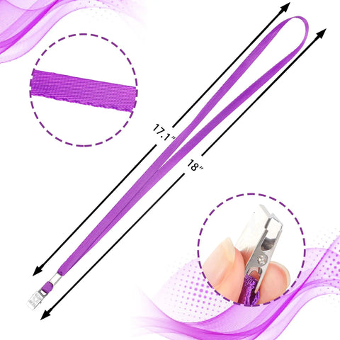 Purple Lanyards For IDs, 100 Pack, 18 Inch Polyester Lanyards with Swivel Hook and Clip, detail view of material and clip