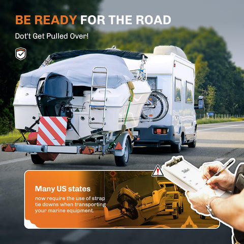 Heavy Duty Boat Trailer Transom Tie Down Straps 1200 Lbs Capacity securing a boat on a trailer behind an RV on the road