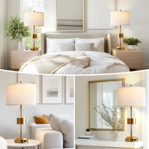 Dope Gold Table Lamp Set Of 2 with USB A and USB C ports, touch control, in living room and bedroom settings, white shade, 2700K LED