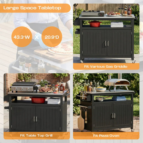 43.3-Inch Outdoor Kitchen Island With Storage Cabinet And Stainless Steel Top All-In-One Solid Wood Prep Station Lockable Wheels