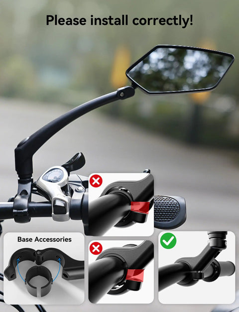 360 Degree Adjustable Bike Mirror With Long Arm Handlebar Mount For Safe HD Rear View On Scooters, Motorcycles, And E Bikes, Left Side Folding Mirror Fits 0.83 To 1.02 Inch Handlebars installation guide
