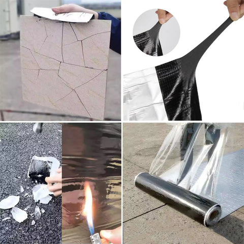 Self Adhesive Weather Stripping And Sealing Tape For Roofs Pipes Boats Aluminum Foil Waterproof Heat Resistant Fire Retardant Quick Fix Repair Tape 0.1x10m 0.3x32.8ft shown patching surfaces in different scenarios.