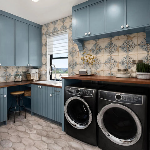 Azul Decor Artisan 13 By 13 Ceramic Tile For Floor And Wall, blue floral pattern seen on backsplash in laundry room