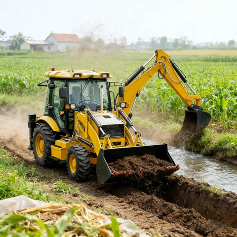 Backhoe Loader Do-It-All Combo For Farm Use in field, Compact Tractor Excavator With 2.0m Digging Depth, working on ditch