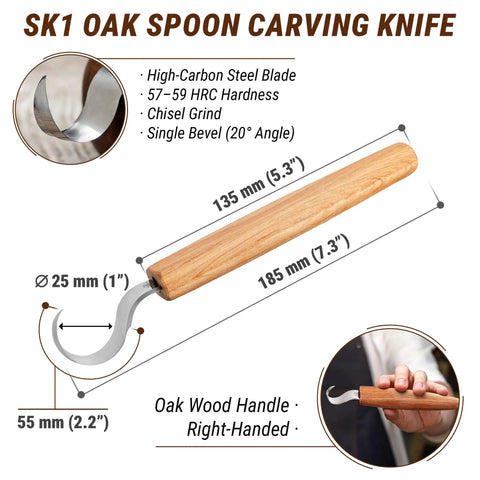 Right Handed Spoon Carving Hook Knife with oak handle and high-carbon steel blade for easy kuksa cup carving.