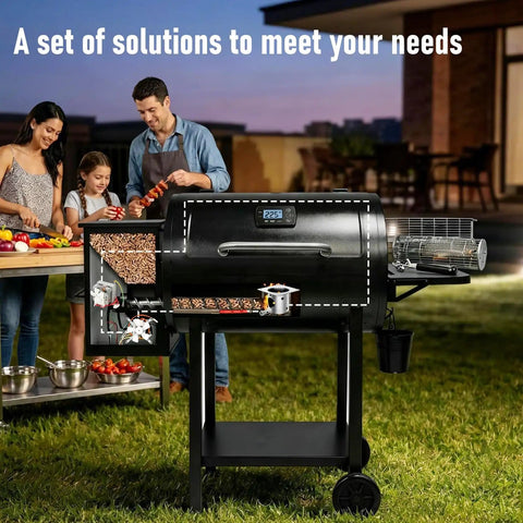 Family preparing food near grill with Auger Motor And Grill Induction Fan Kit With Fire Burn Pot And Hot Rod Ignitor For Pellet Grills Replacement Parts Fits Pit Boss And Traeger Grills Includes Mounting Screws And Simple Install Guide For Easy Diy Replacement