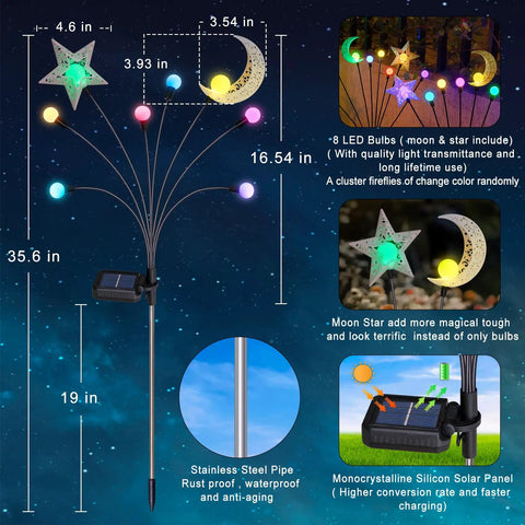 Four Pack Solar Pathway Lights For Garden And Yard With Waterproof Metal Stakes Outdoor Patio Walkway Lighting Warm White Lanterns Auto Dusk To Dawn Up To Eight Hours Of Night Light, featuring colorful moon and star design with LED bulbs.