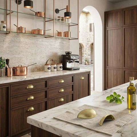Elegant kitchen featuring Light Brass Cup Pulls 10 Pack Brushed Gold Cabinet Pulls on dark wood cabinets with marble countertop.