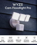 Floodlight Security Camera Pro With 2.5K HD Color Night Vision installed on a wall, featuring 180-degree wide view and 3000 lumen LEDs
