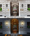 Auto on/off feature of Outdoor Porch Light With Built In GFCI Outlet And Two Outlets Black Roman Aluminum Wall Sconce