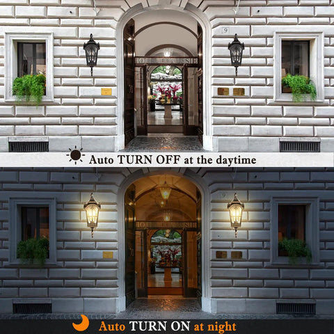 Auto on/off feature of Outdoor Porch Light With Built In GFCI Outlet And Two Outlets Black Roman Aluminum Wall Sconce