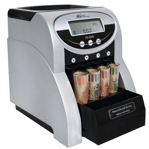 Heavy Duty One Row Electric Coin Counter Sorter With Patented Anti Jam Design And Clear Digital Panel for quick cash handling.