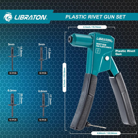 Heavy Duty Steel Plastic Rivet Gun Kit With Ergonomic Anti Slip Handle And Flush Cutter For Nylon Fasteners Auto Trim Do It Yourself Home Repairs One Hand Operation tool set with multiple plastic rivets.