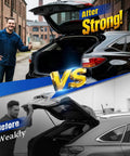 Comparison of Subaru Forester trunk lift supports showing before and after installation of Rear Hatch Lift Supports for Subaru Forester 2014 to 2018 Power Liftgate Replacement Trunk Lift Gas Struts.