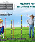 Adjustable heavy duty lawn leveling rake with 26x25 inch leveler and 5-foot handle in use with two people of different heights.