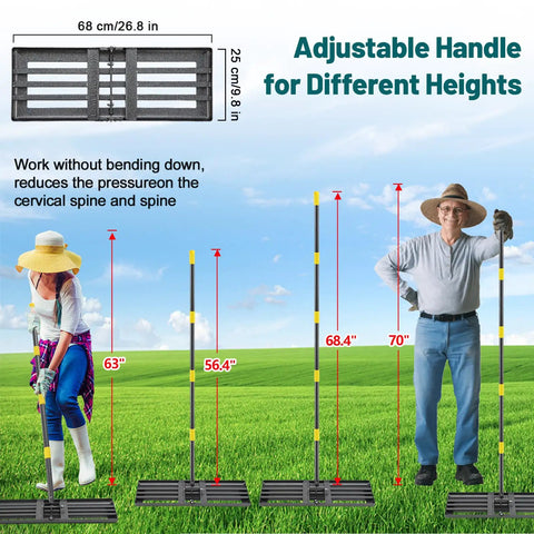 Adjustable heavy duty lawn leveling rake with 26x25 inch leveler and 5-foot handle in use with two people of different heights.
