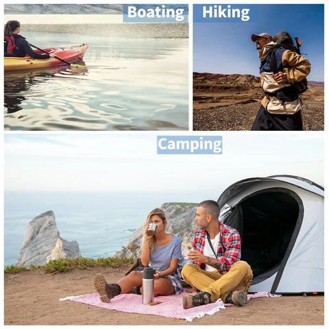 Three Pack Waterproof Dry Bags 5L 10L 20L for travel, boating, hiking, and camping outdoors with scenic views.