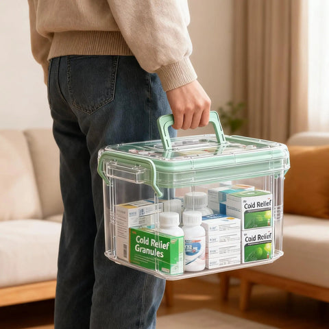 Grab And Go See Through Medicine Storage Box Set With Lids 2 Pack Portable First Aid Organizer With Handle Stackable Medical Supply Storage For Family Home Office Bathroom Bedroom Green clear box held by hand