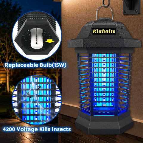 Outdoor Bug Zapper And Mosquito Killer For Patio And Backyard, 4200V Electric Fly Trap With Blue Violet Light, Installed on Wall