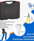 Heavy Duty Stainless Steel Zip Tie Cutter Kit With 100 Self Locking Metal Ties, tools, gloves, and carrying case displayed