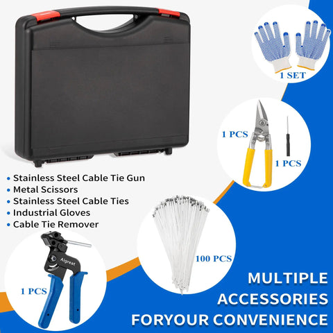 Heavy Duty Stainless Steel Zip Tie Cutter Kit With 100 Self Locking Metal Ties, tools, gloves, and carrying case displayed