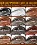Color chart for Leather Repair Kit For Car Seats, Furniture And Couches With 3 Step Reinforcement, Vinyl Repair Kit For Tears Holes Scratches Peeling, Customizable Glossy Leather Colors, Easy Instructions For Quick Fix with shades black to espresso.