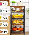 Five Tier Rolling Utility Cart With Wheels Big Capacity Kitchen Storage Cart With Wooden Top And Mesh Baskets filled with bananas, potatoes, and pumpkins.