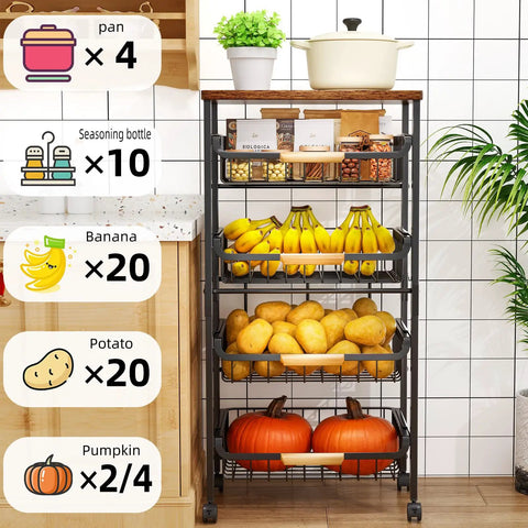 Five Tier Rolling Utility Cart With Wheels Big Capacity Kitchen Storage Cart With Wooden Top And Mesh Baskets filled with bananas, potatoes, and pumpkins.