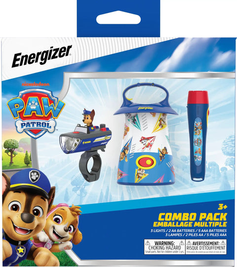Paw Patrol LED Light Gift Set, Flashlight, Lantern, And Bike Light Bundle For Kids, packaging showing lights and Paw Patrol theme.