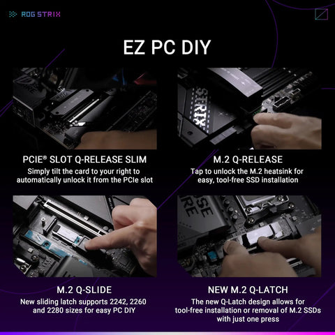 EZ PC DIY featuring ROG Strix X870E E Gaming WiFi AMD AM5 X870 ATX Motherboard with Q-Release Slim, Q-Release, and Q-Slide features