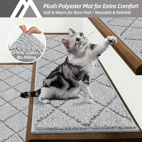 Cat on Non Slip Stair Treads for Indoor Wood Steps 28x9 Inch Edging Rugs 4 Pack Low Profile Carpet Mats TPE Backing