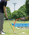Golfer practicing with Foldable Chipping Net With Mat For Indoor And Outdoor Golf Practice, 3 Target Baskets in a park setting