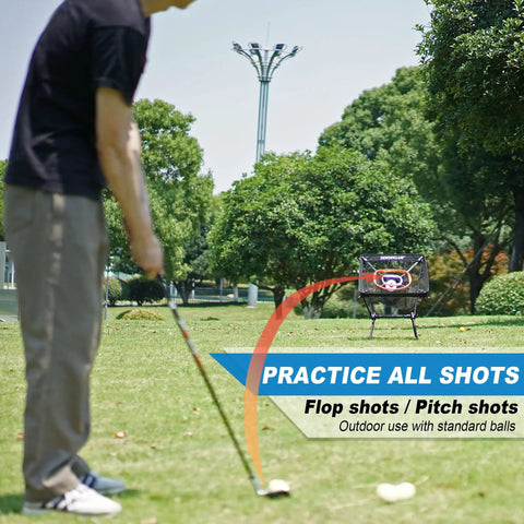 Golfer practicing with Foldable Chipping Net With Mat For Indoor And Outdoor Golf Practice, 3 Target Baskets in a park setting