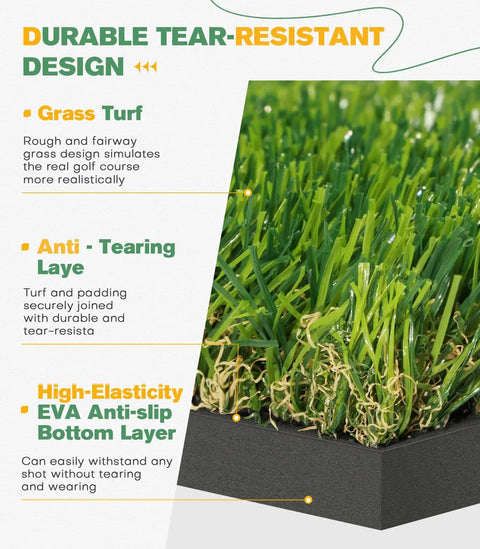 Close-up of Dual Turf Golf Mat 5x4ft with 10mm and 15mm elasticity base, showing tear-resistant grass turf and EVA anti-slip layer.