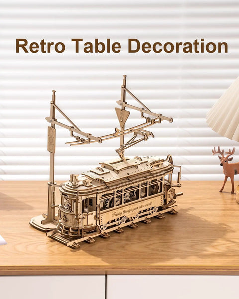 3D Wooden Puzzle Model Car Kit For Adults Build A Classic Tram Train Set With Realistic Rails And Real Wood Finish Hands On Toy Gift Idea For Christmas Fathers Day Birthday Dope Build Experience on table