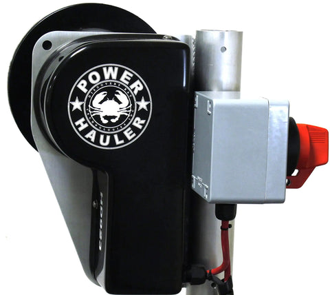 Side view of Beefy Heavy Duty Crab Pot Puller With 2.3 HP 90 To 1 Powerdrive Gear System showing controls and gear.