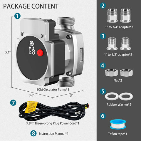 Package contents including Plug And Play 115 V ECM Circulator Pump, power cord, adapters, nuts, washers, and Teflon tape.