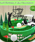 Straight Fire Golf Theme Cake Topper Set For Birthday Parties featuring mini cart, trees, flags, and golf ball on cake decoration.