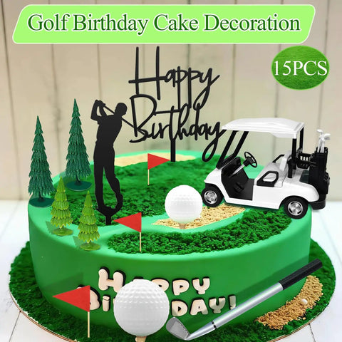 Straight Fire Golf Theme Cake Topper Set For Birthday Parties featuring mini cart, trees, flags, and golf ball on cake decoration.