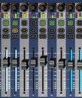 Close-up of faders on Si Expression 1 Digital 16 Channel Live Audio Mixer Console With Dope Fader Setup And 64 x 64 IO Expansion Via ViSi Connect Card For Stage And Studio Great For Live Events And Recording.