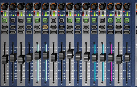 Close-up of faders on Si Expression 1 Digital 16 Channel Live Audio Mixer Console With Dope Fader Setup And 64 x 64 IO Expansion Via ViSi Connect Card For Stage And Studio Great For Live Events And Recording.
