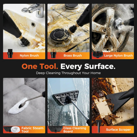 Portable Handheld Steam Cleaner With 1500W High Power For Homes And Kitchens Features 6-Level Adjustable Pressure And Quick Heat Up To Blast Grease And Dirt From Tile Grout And Bathroom Surfaces With Ease: Various brushes and tools for deep cleaning.
