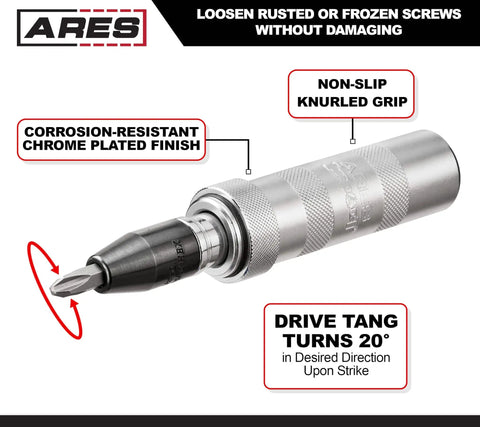 One Half Inch Manual Reversible Impact Driver With Half Inch Drive Chuck Comes With Flat Bits Five Sixteenths And Three Eighths Phillips Bits Size Two And Size Three Plus Durable Storage Case For Removing Rusted Bolts And Frozen Fasteners in metal finish with knurled grip