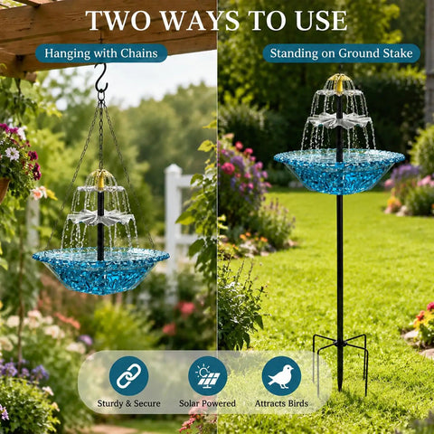 Sun-Powered Bird Bath Fountain With External Solar Panel And Copper Cleaner, self-cleaning hanging or stake mount in garden