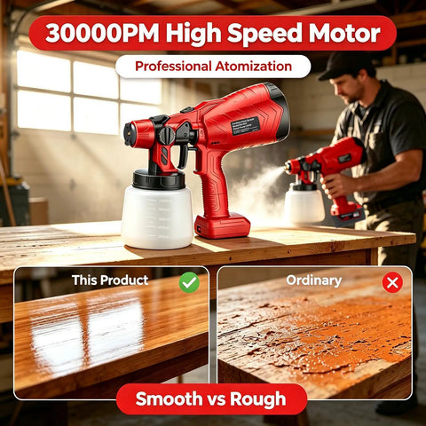 Cordless Hvp Paint Sprayer With 1000Ml Cup And 30000 Rpm Copper Motor delivers ultra fine mist for a smooth finish on wood surfaces.