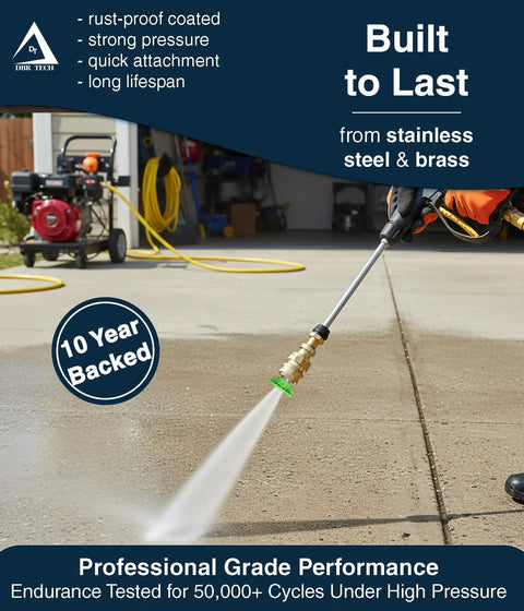 Pressure Washer Quick Connect Kit With M22 14mm Brass Adapter Set Swivel To Three Eighth Inch Quick Release Disconnect And Three Quarter Inch Fittings For Gas Powered Washers Spray Gun Connector spraying concrete surface.
