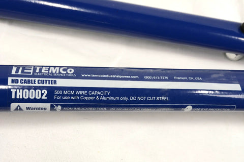 Label on heavy duty wire and cable cutter for copper and aluminum up to 400 MCM with 18 inch steel handles and rubber grips