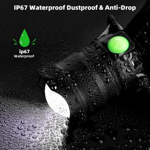 Close-up of IP67 waterproof rechargeable high lumen headlamp with 7 modes, motion sensor, and zoomable beam, wet surface.