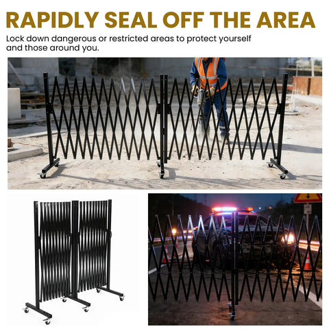 Straight Up Solid Expandable Metal Barricade With Quick Lock Scissor Gate Roll With Ease Safety Rail set up near construction site.