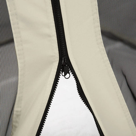 Close-up of 13 By 13 Universal Replacement Mesh Sidewall Netting with cream trim and zipper for gazebos and canopy tents.